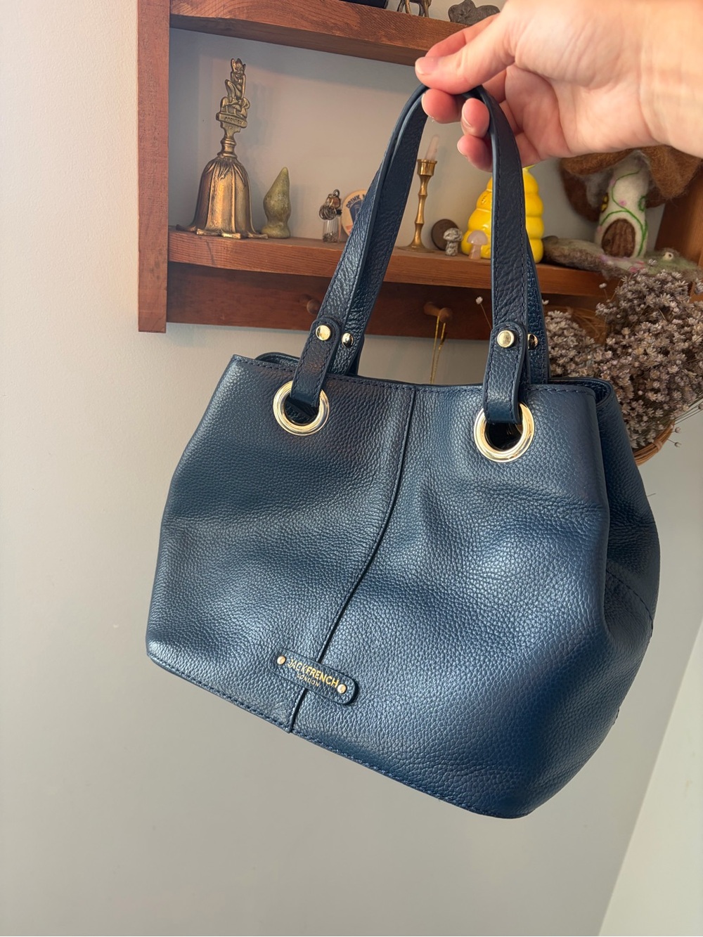 Navy Pebbled Leather Shoulder Bag with Gold Ring Accents